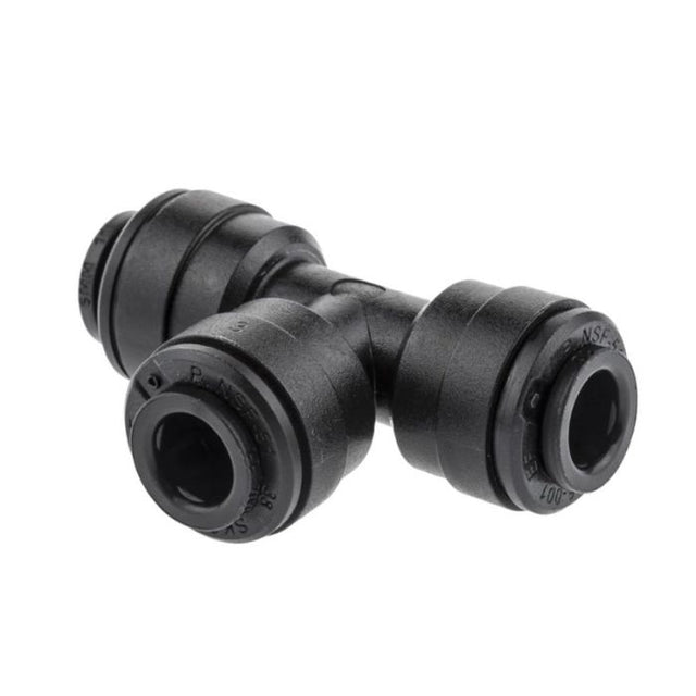 A black plastic tee plumbing fitting, used for connecting water or gas lines.