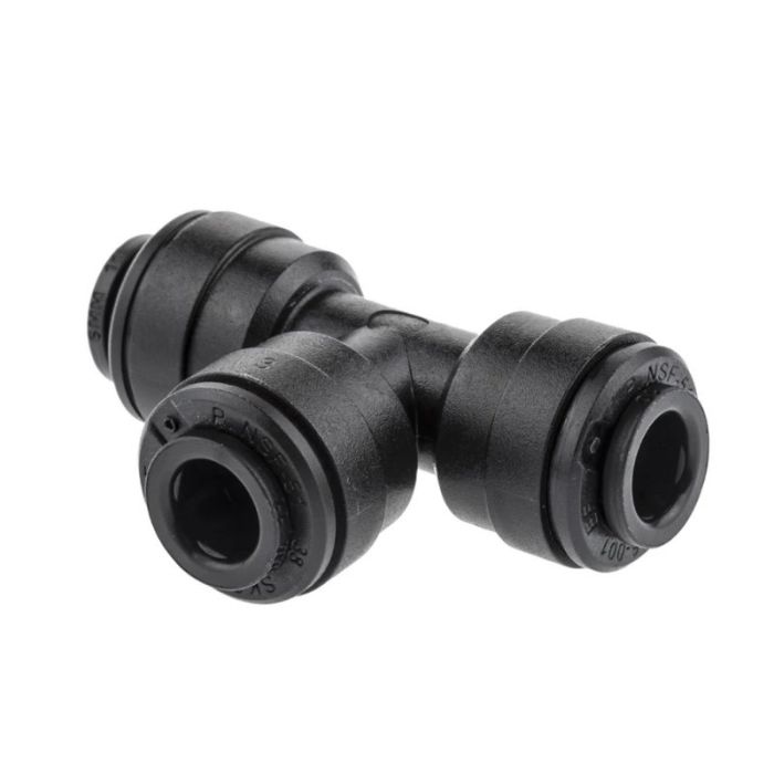 A black plastic tee plumbing fitting, used for connecting water or gas lines.