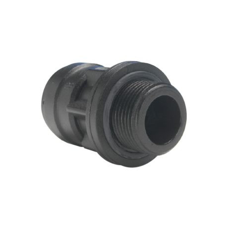 Black threaded pipe fitting on a white background