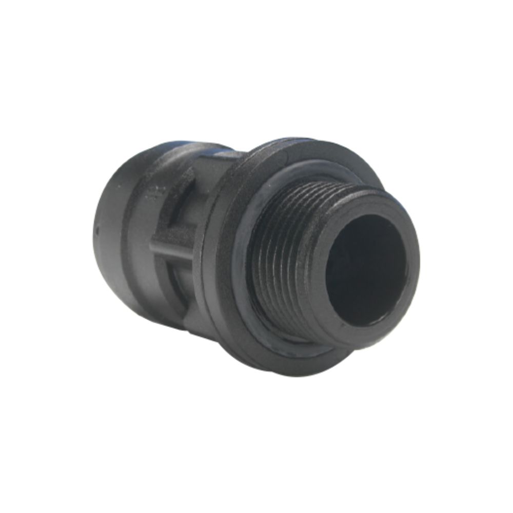Black threaded pipe fitting on a white background