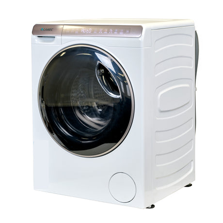 A compact front-load washing machine designed for RVs, showing the front view with a clear door, control panel, and white exterior.