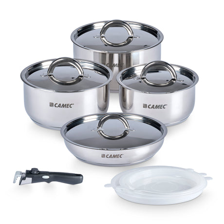Set of stainless steel pots with interchangeable handles and lids, including a fry-pan with a non-stick surface. The pots are designed to stack inside each other for space-saving.