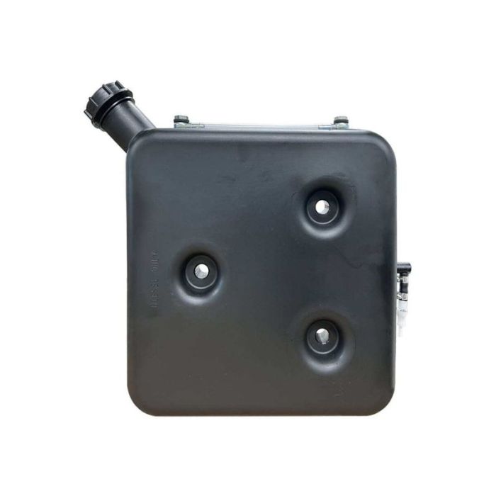 A black rectangular fuel tank with multiple connection points and a nozzle on one corner.