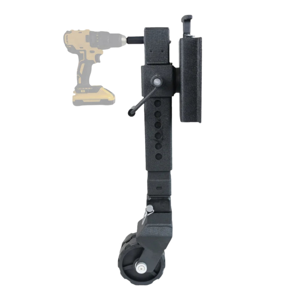 Black adjustable arm with a drill on a white background