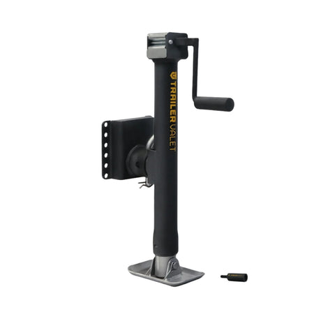 Black trailer jack with handle and mounting bracket on a white background
