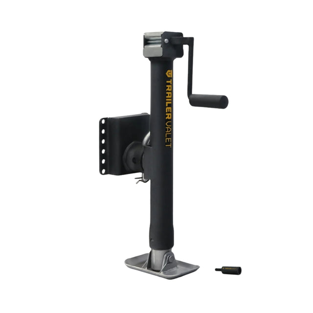 Black trailer jack with handle and mounting bracket on a white background