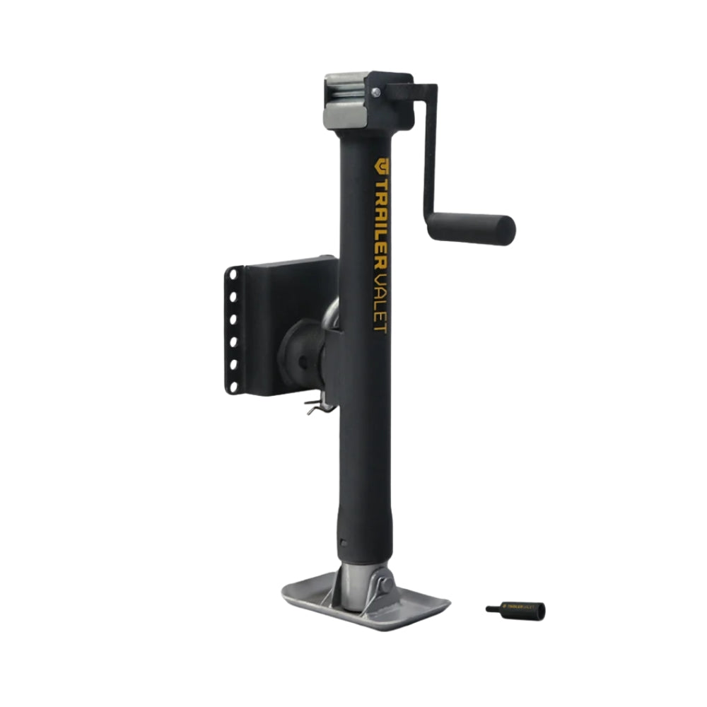 Black trailer jack with handle and mounting bracket on a white background