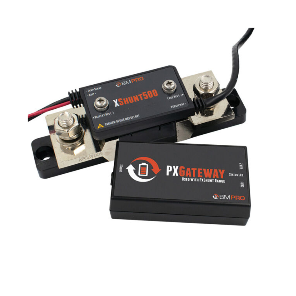 Two electronic components with 'PX Gateway' and 'Shunt500' labels on a white background