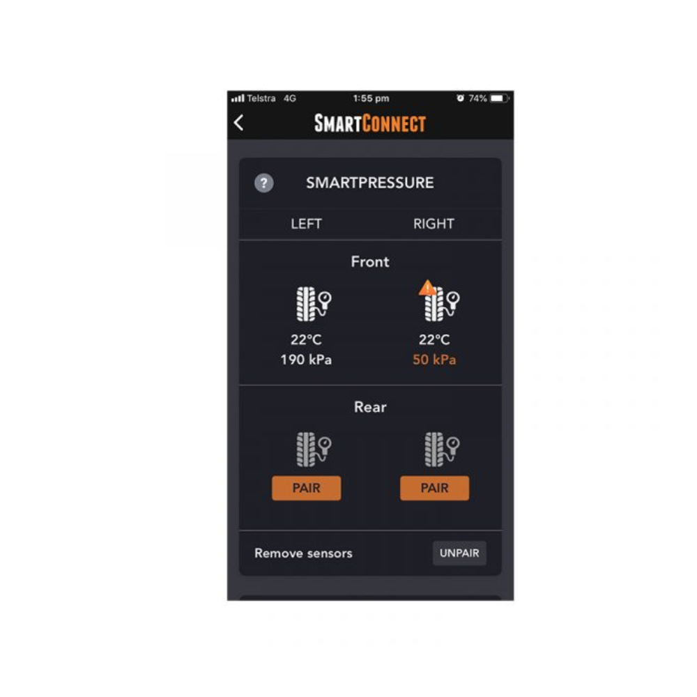 SmartConnect tire pressure monitoring app on a smartphone screen