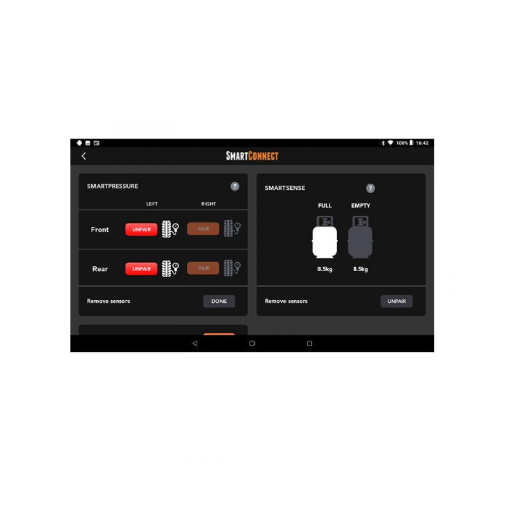 SmartConnect app interface on a tablet screen with pressure and sense monitoring.