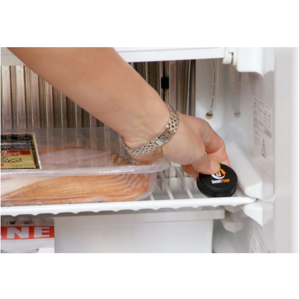 Hand placing a black device labeled 'SmartTie' into a refrigerator.