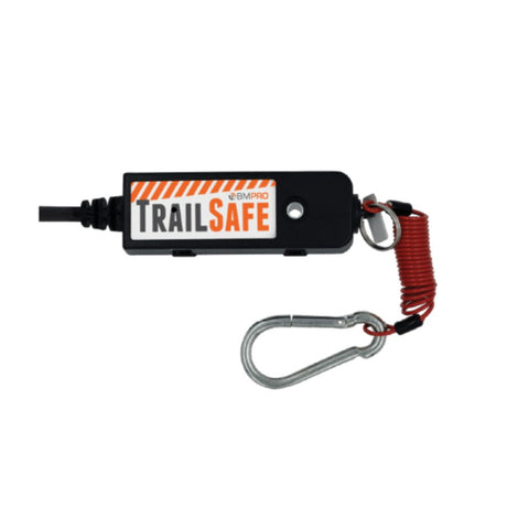 TrailSafe device with coiled rope and carabiner on a white background
