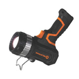 Black and orange flashlight with metal stand