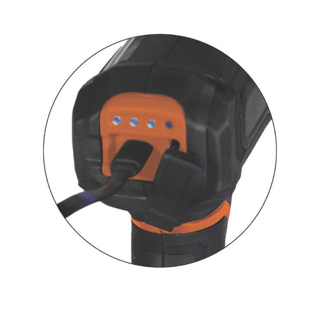 Close-up of a black and orange tool with a cable, on a white background