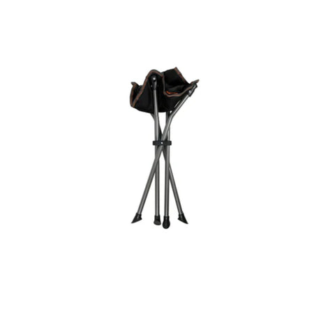 Black camping stool folded up
on a white background