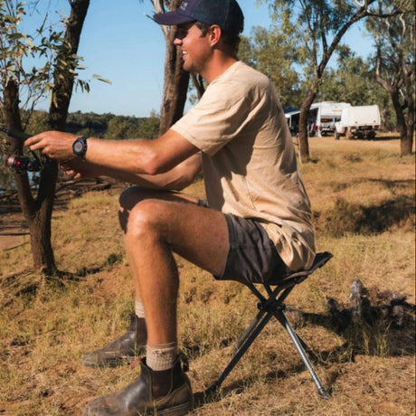 Man sitting on a camping chair outdoors with trees and RVs in the background