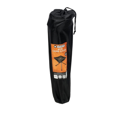 Black drawstring bag with a camping stool package on a white background
