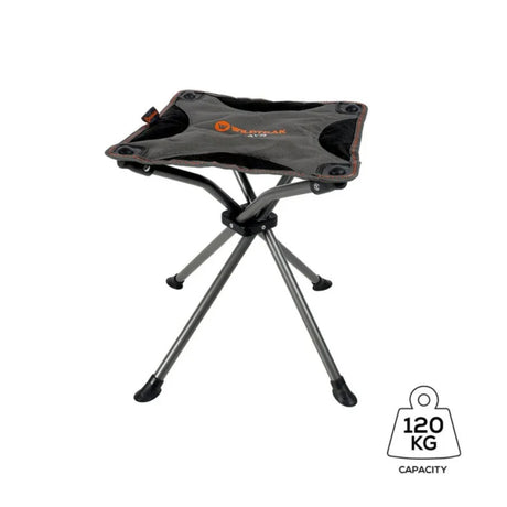 Compact folding stool with a brand logo on a white background