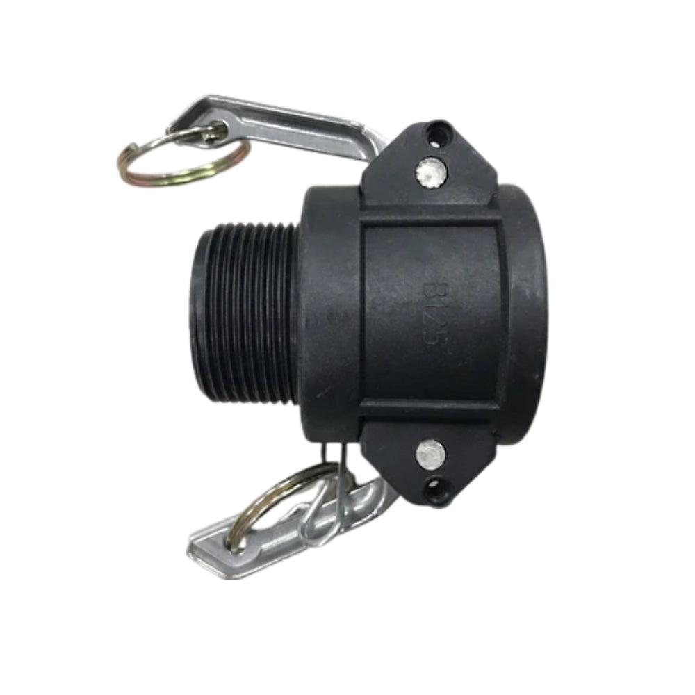 Black camlock component with metal attachments on a white background