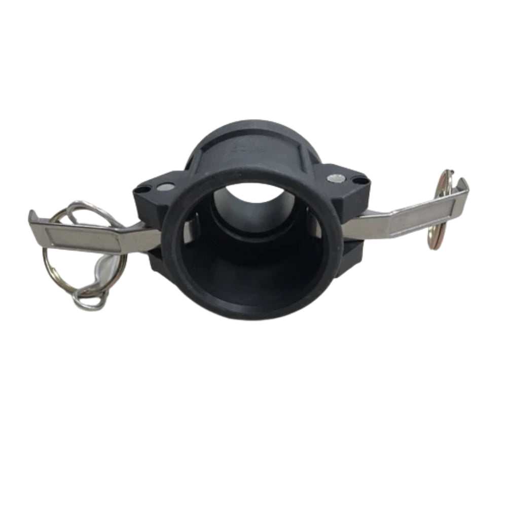 Black metal clamp with silver hooks on a white background