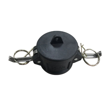 Black plastic component with metal rings on a white background