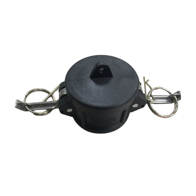 Black plastic component with metal rings on a white background
