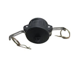 Black plastic component with metal attachments on a white background