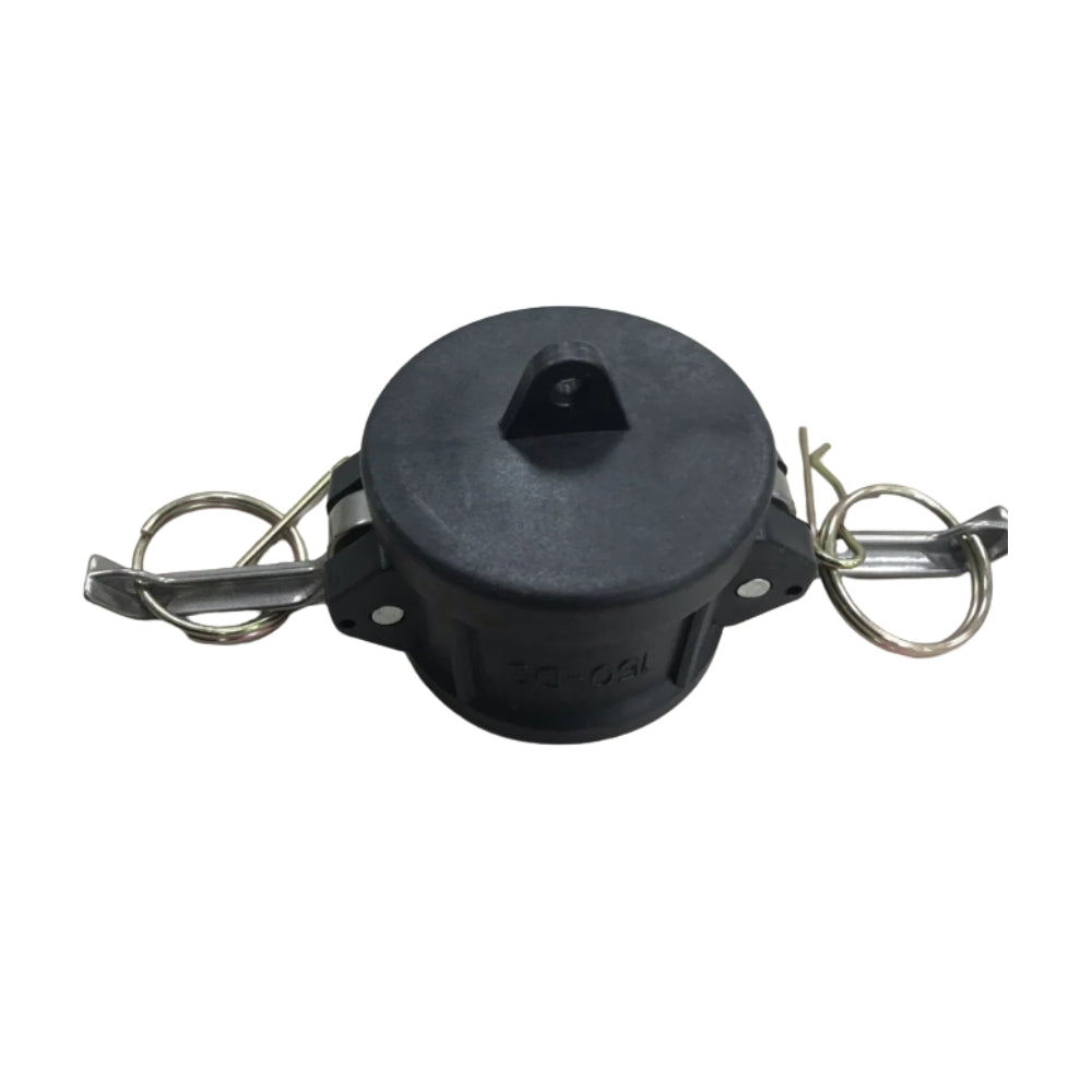 Black plastic component with metal rings on a white background