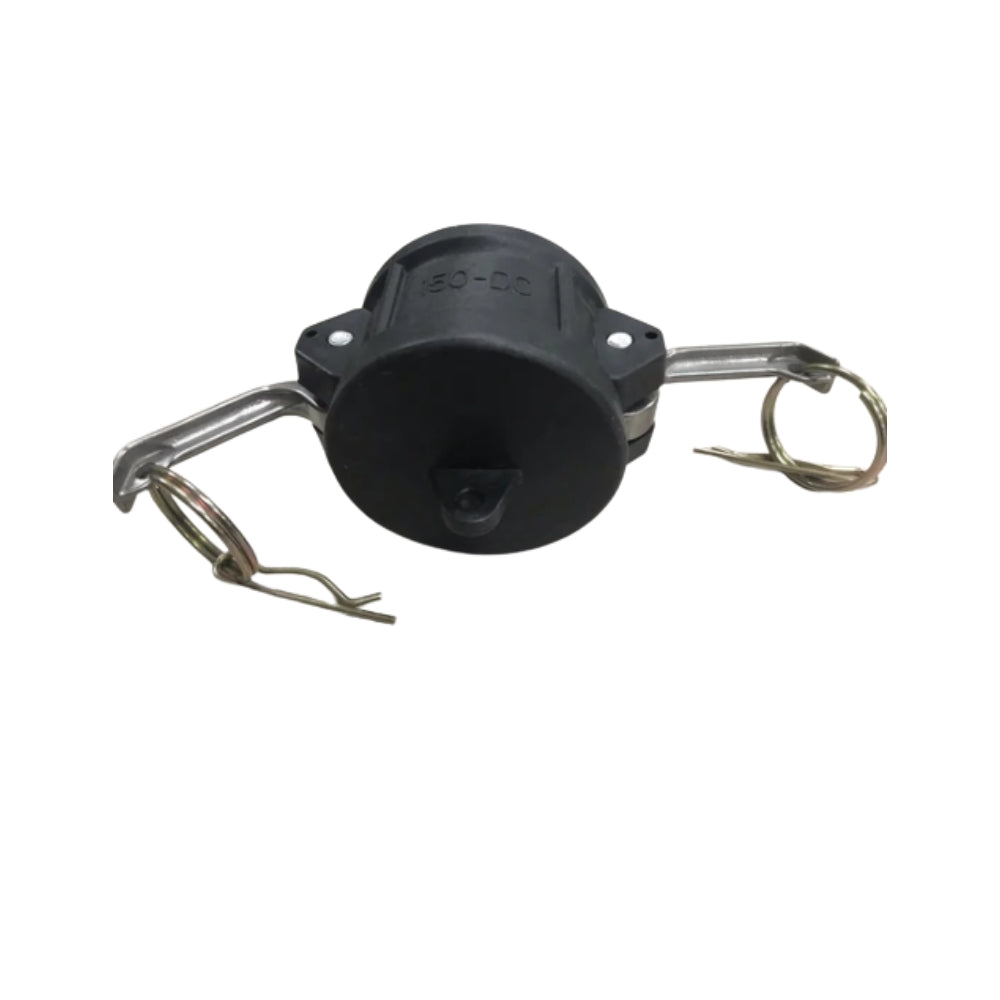 Black plastic component with metal attachments on a white background