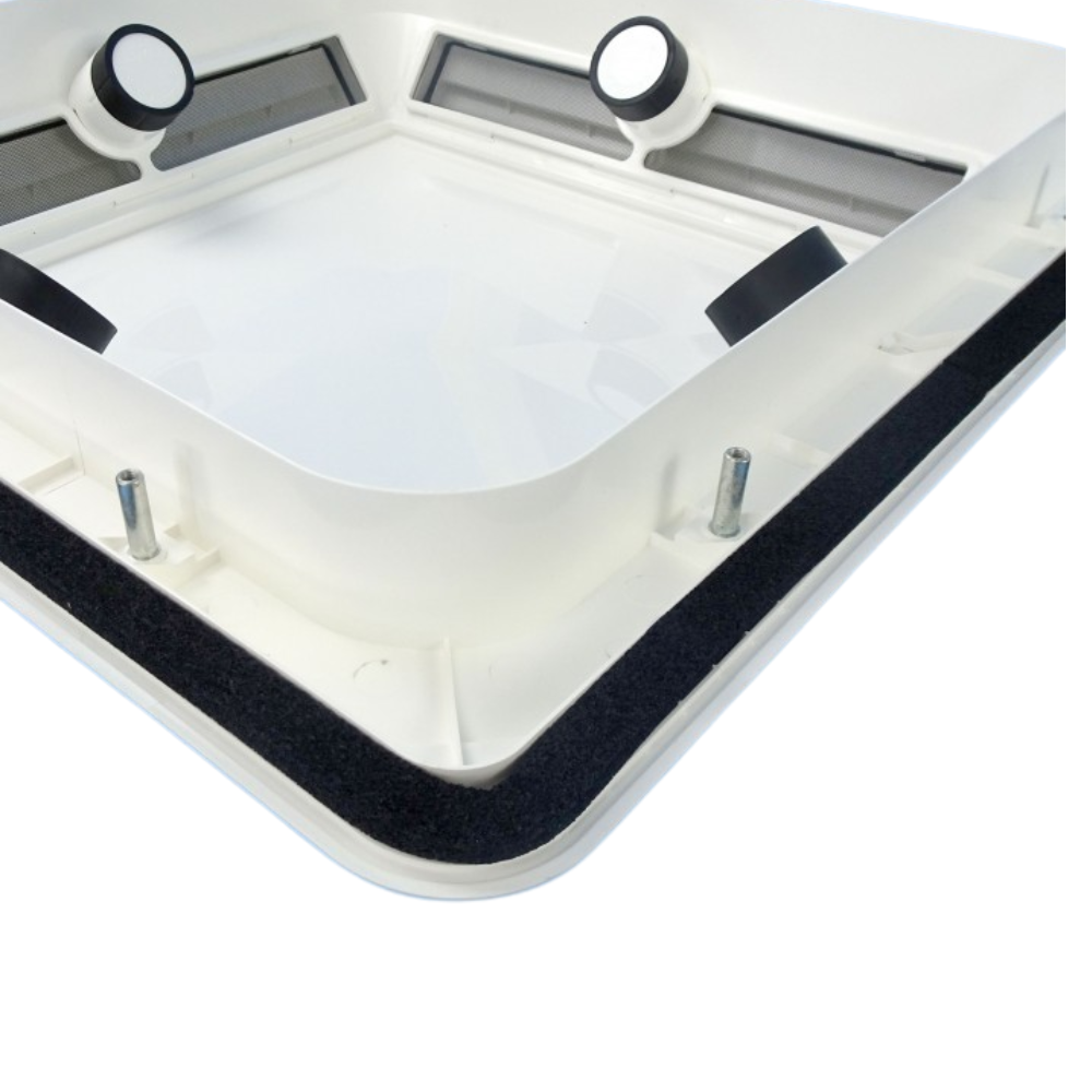 Close-up of a white roof hatch with black interior and control panels on a white background