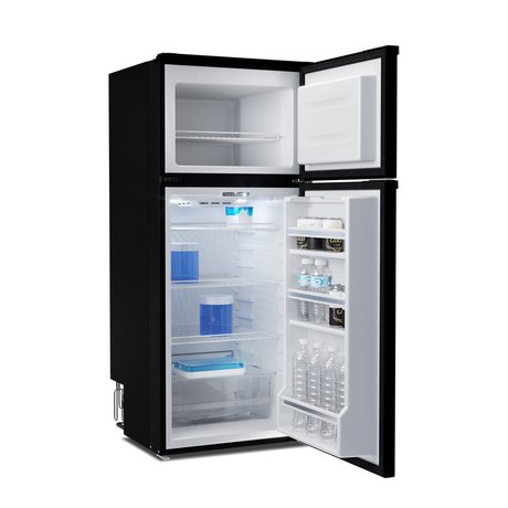 Black refrigerator with open doors on a white background