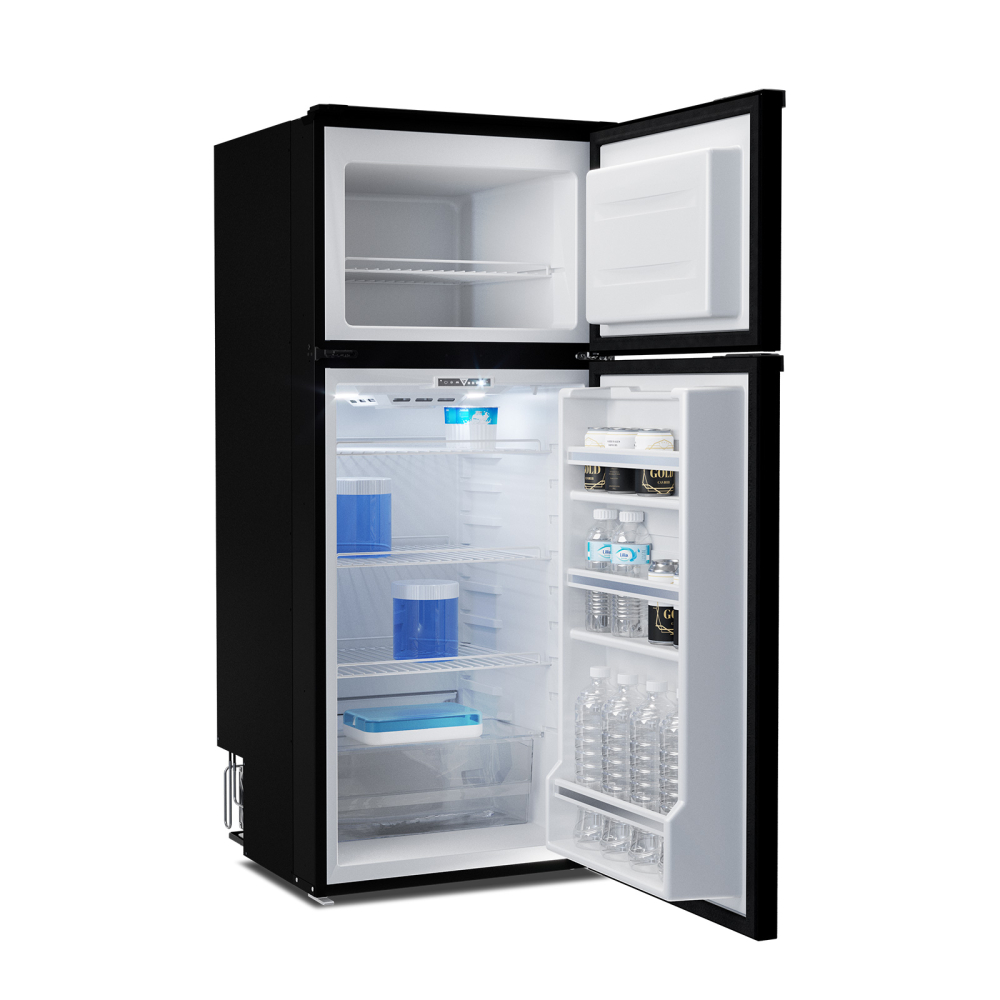 Black refrigerator with open doors on a white background