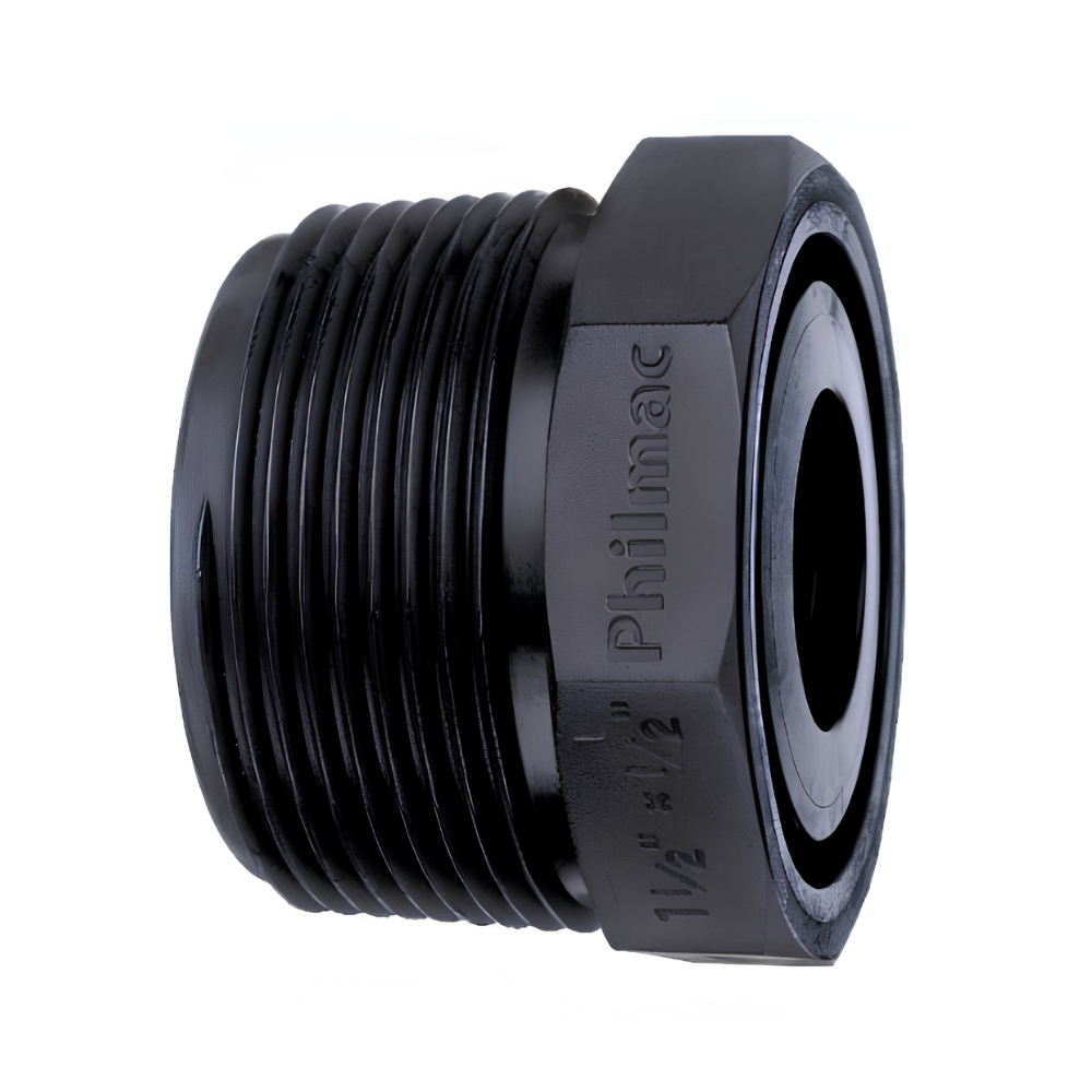 Black polypropylene fitting with 'Philmac' branding on a white background