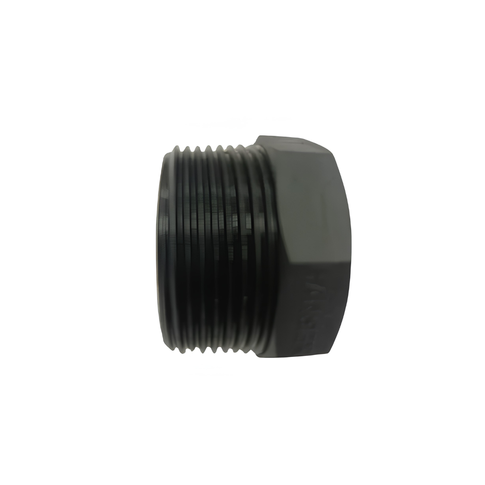 Black threaded polypropylene fitting on a white background