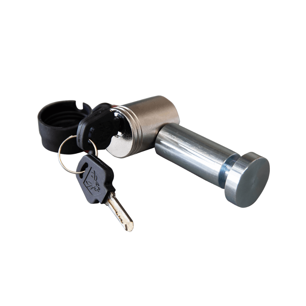 Metal lock mechanism with key on a white background