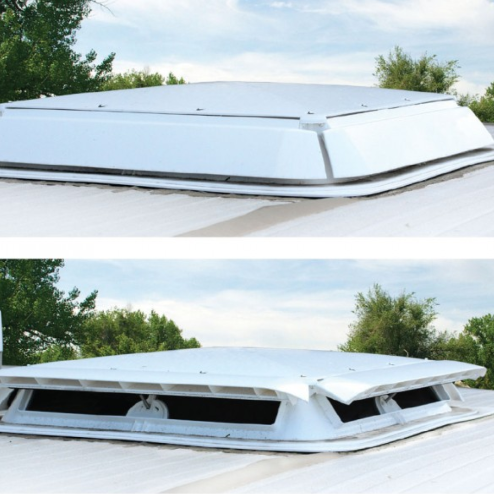 Two views of a Camec white roof with a hatch, one showing the top and the other showing the side.