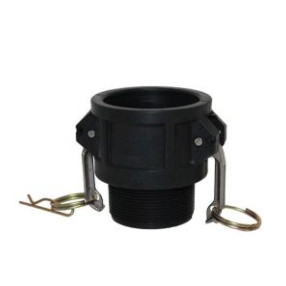 Black plastic coupling with metal clamps on a white background