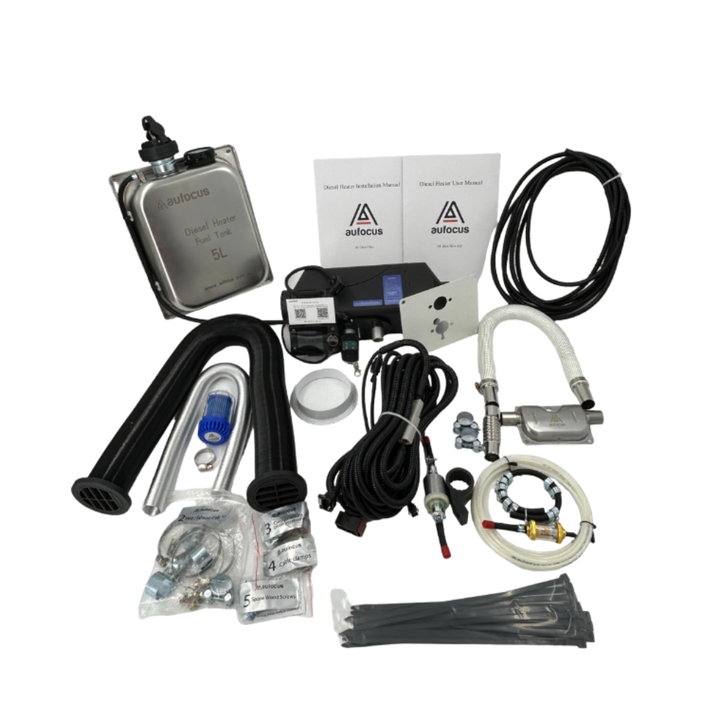 Diesel Heater parts and accessories on a white background