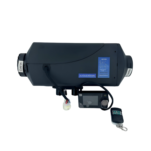 Black AU Focus Heater with remote control on a white background