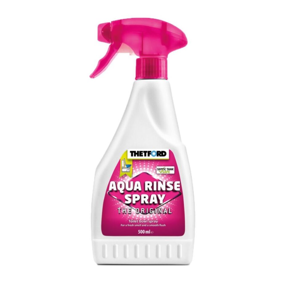 Thetford Aqua Rinse Spray bottle with pink nozzle on a white background