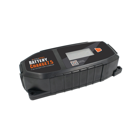 Black battery charger with digital display on a white background