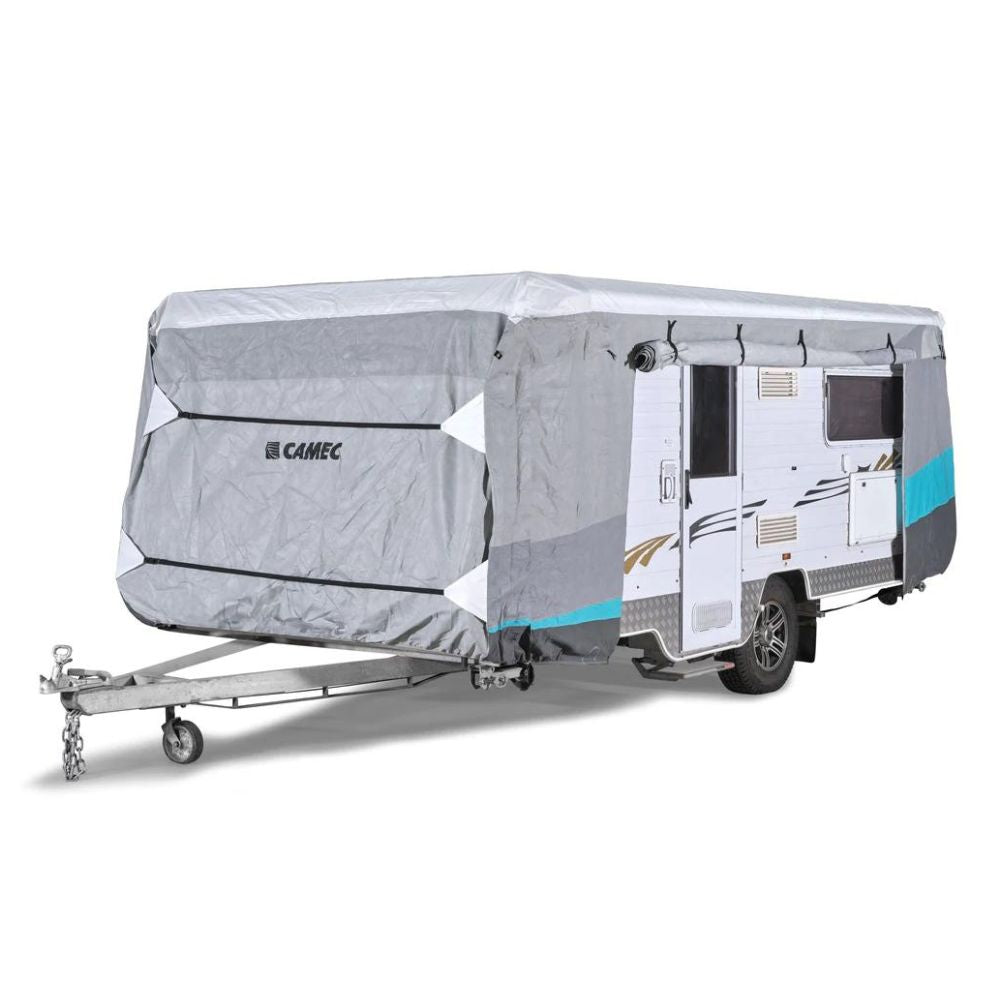 A premium gray caravan cover with the CAMEC brand logo, designed to fit over a caravan trailer, including front and rear straps and reflective strips.
