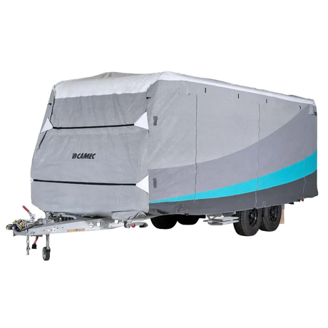 Camper trailer with a cover on a white background