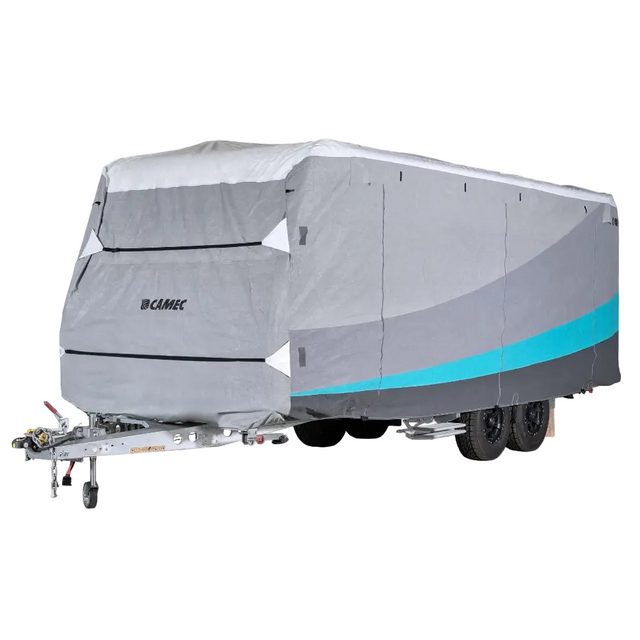 Camper trailer with a cover on a white background