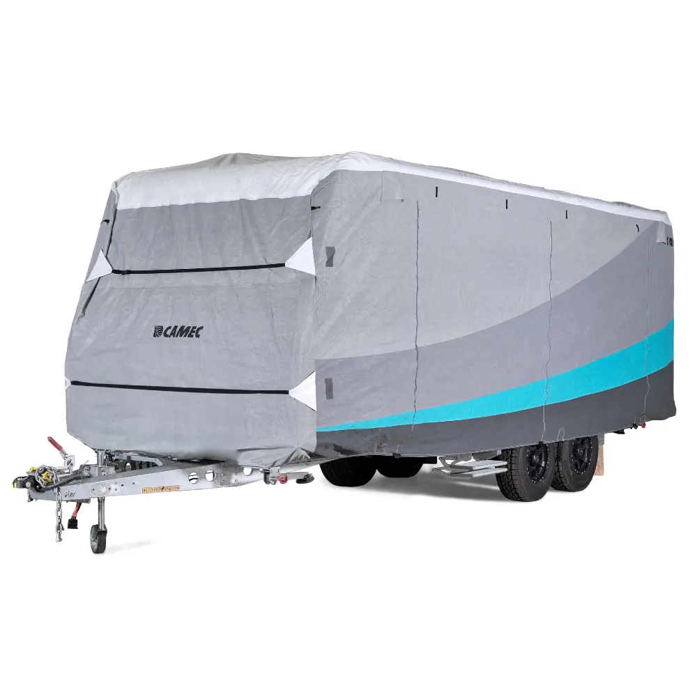 Camper trailer with a cover on a white background