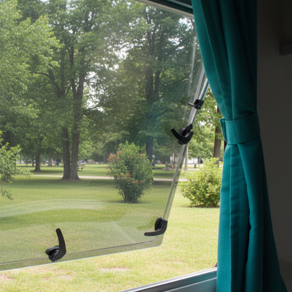 Open caravan window showing detail