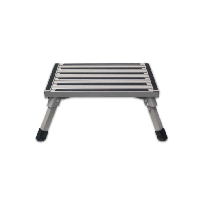 A folded aluminium step with non-skid surface and rubber feet, viewed from a slight angle.