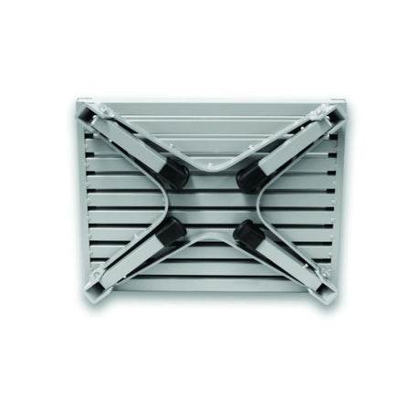 Portable aluminium step shown in folded position for easy travel
