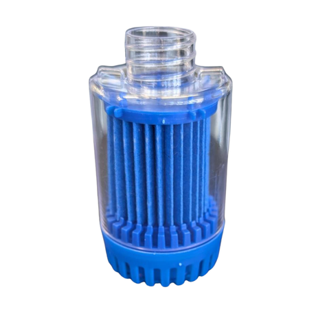 Clear plastic container with blue base on a white background