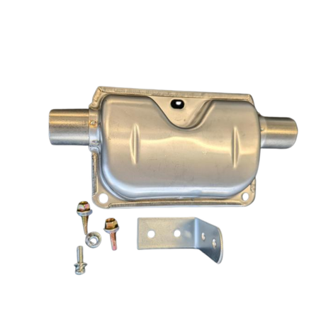 Metallic exhaust muffler with mounting bracket and screws on a white background